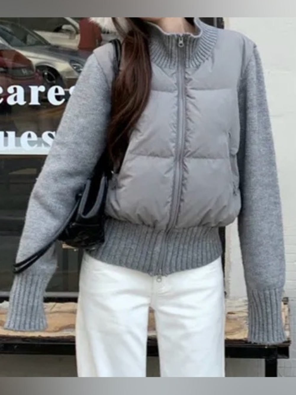 NEW Grey Knitted Crop Puffer Jacket